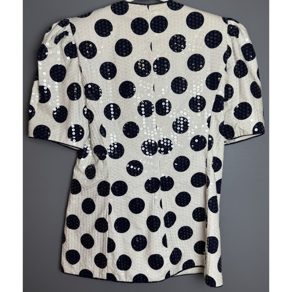 Vintage Karen Lawrence Sequin White & Navy Blue Polka Dot Women's Blouse Size-8 - Picture 4 of 13